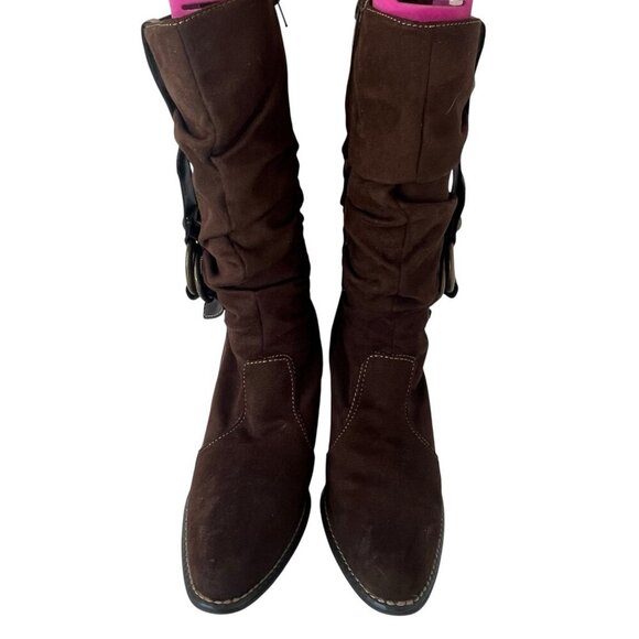 Predictions Womens 11 High Heel Brown Suede Slouchy Boots Mid Calf Boho Hippie - Picture 2 of 16